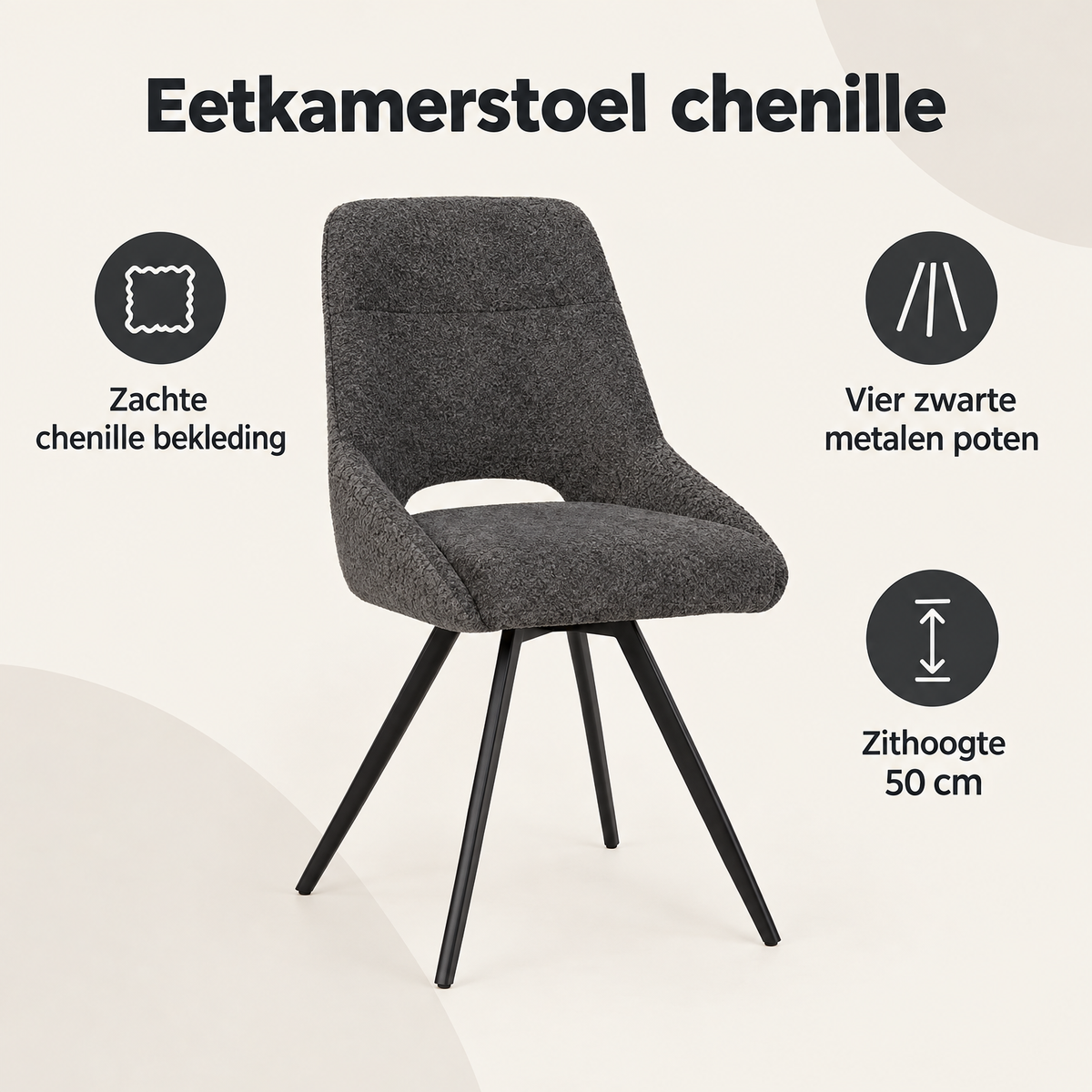 Overzicht van eetkamerstoel chenille met de belangrijkste productvoordelen