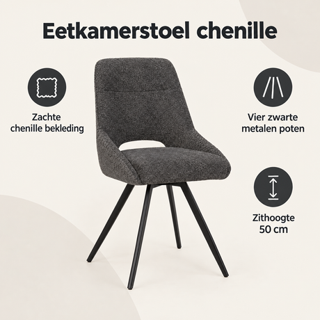 Overzicht van eetkamerstoel chenille met de belangrijkste productvoordelen