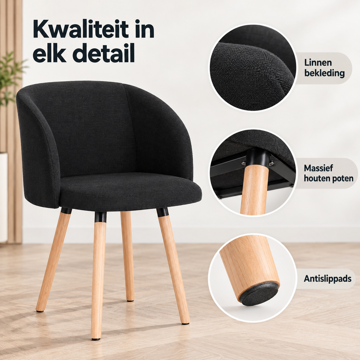 Detail van materiaal en afwerking van eetkamerstoel met armleuningen