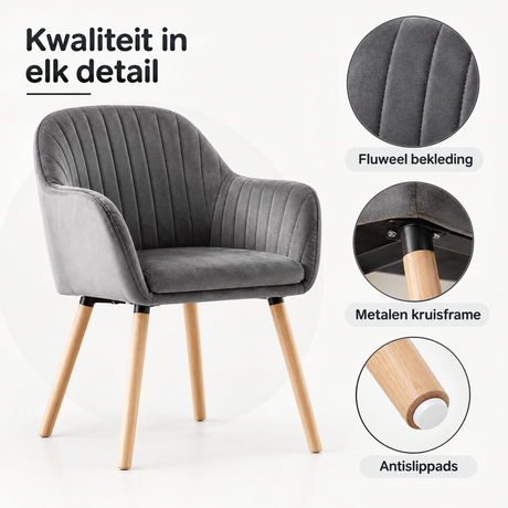Detail van materiaal en afwerking van eetkamerstoelen met armleuningen
