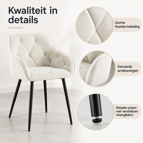 Detail van materiaal en afwerking van eetkamerstoelen met armleuningen set van 2