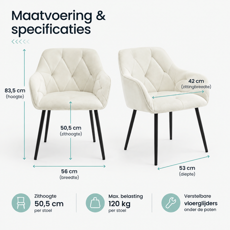 Afmetingen en productspecificaties van eetkamerstoelen met armleuningen set van 2