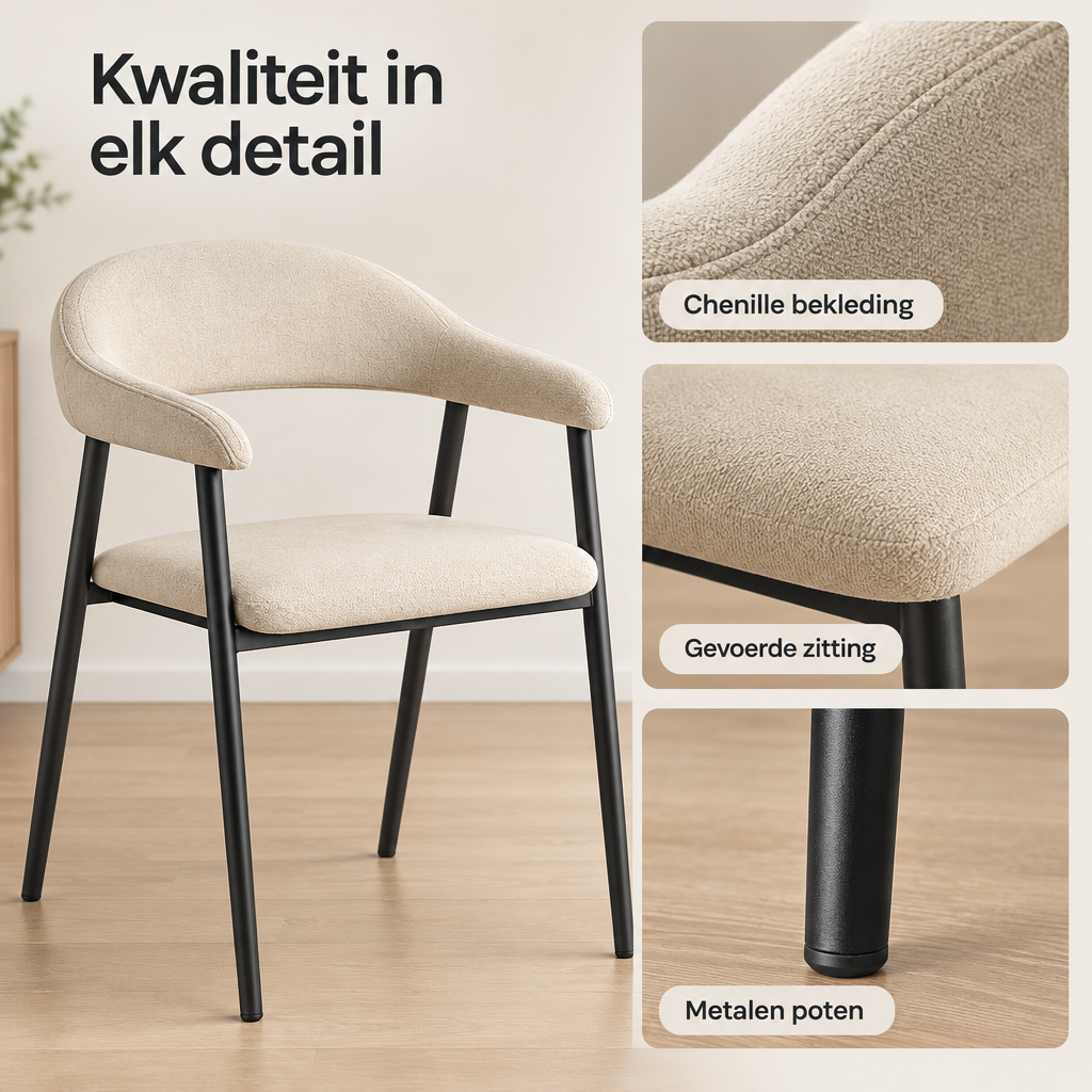 Detail van materiaal en afwerking van eetkamerstoelen set van 2