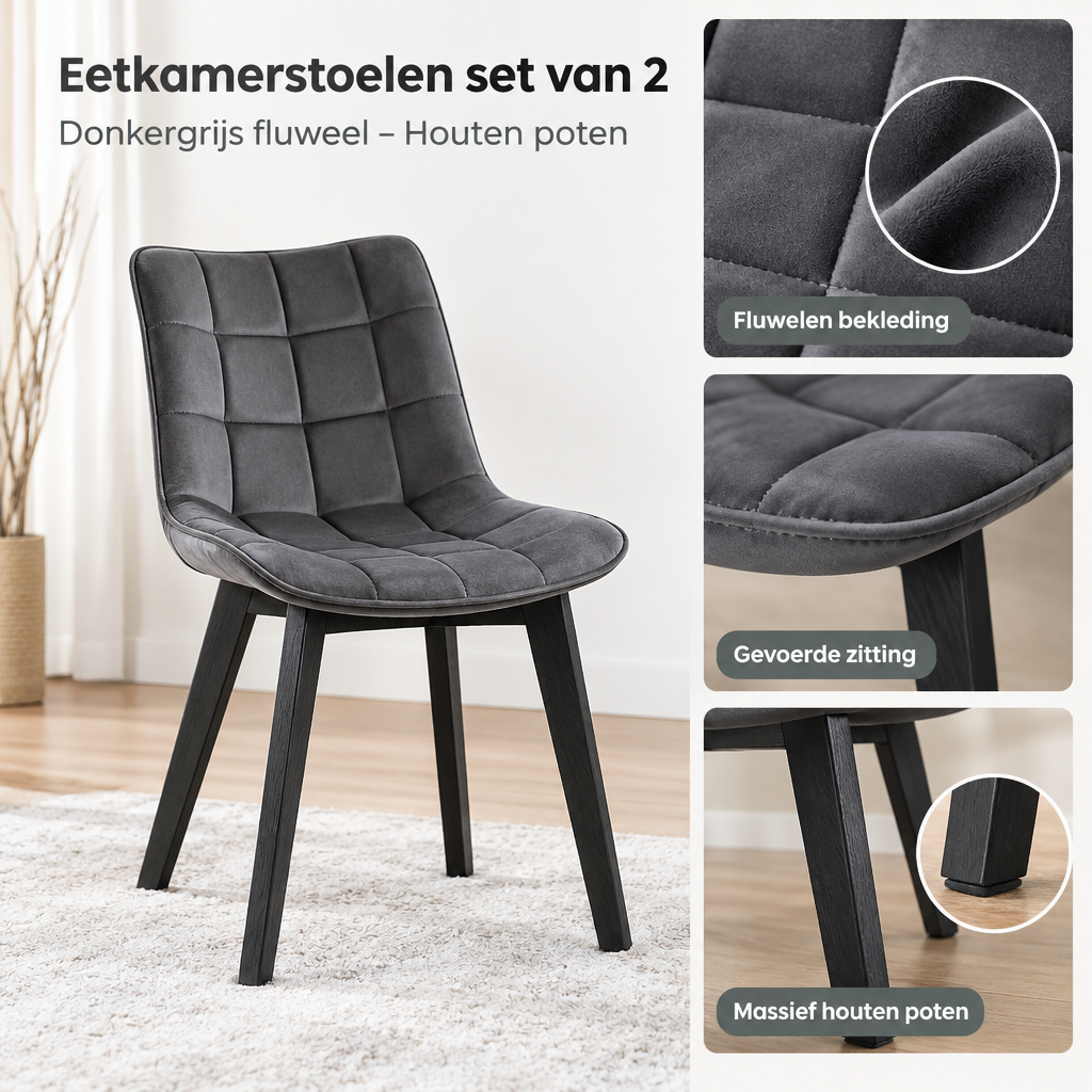 Detail van materiaal en afwerking van eetkamerstoelen set van 2