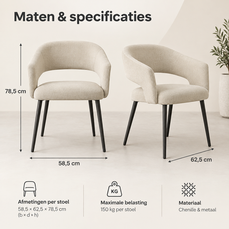 Afmetingen en productspecificaties van eetkamerstoelen set van 2