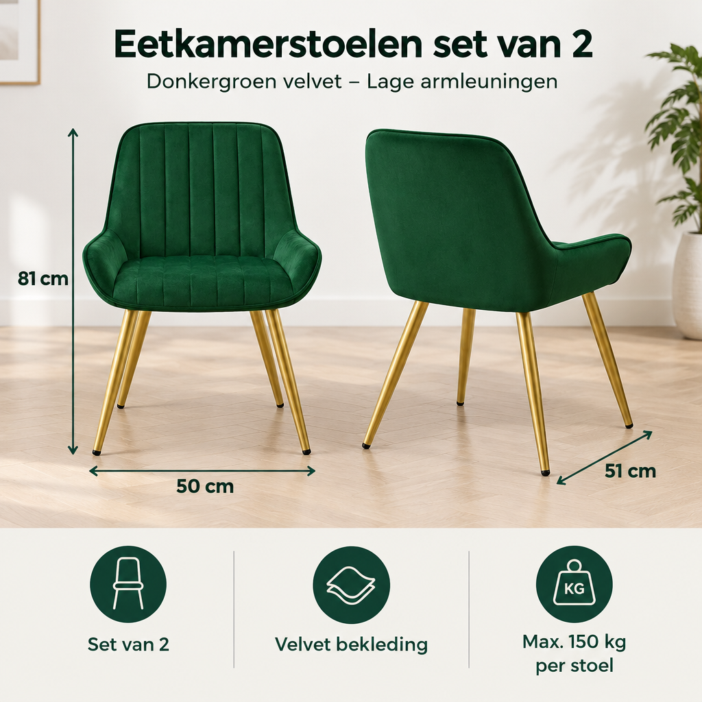 Afmetingen en productspecificaties van eetkamerstoelen set van 2