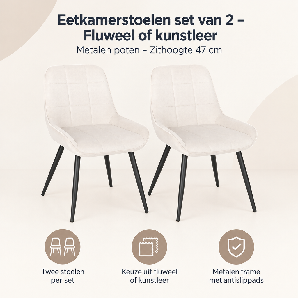 Overzicht van eetkamerstoelen set van 2 met de belangrijkste productvoordelen