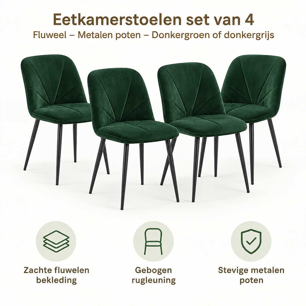Set van 4 BukkitBow eetkamerstoelen van fluweel met metalen poten in donkergroen of donkergrijs, stijlvolle en comfortabele eettafelstoelen.
