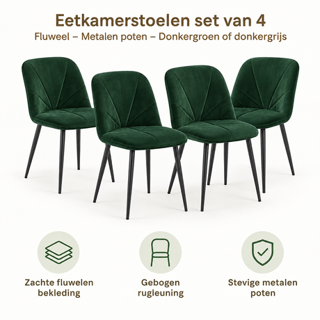 Set van 4 BukkitBow eetkamerstoelen van fluweel met metalen poten in donkergroen of donkergrijs, stijlvolle en comfortabele eettafelstoelen.
