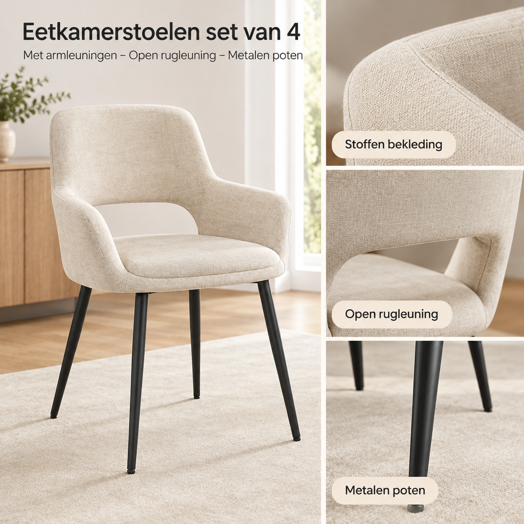 Detail van materiaal en afwerking van eetkamerstoelen set van 4