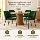 Vier fluwelen eetkamerstoelen met metalen poten in donkergroen of donkergrijs, geschikt voor moderne eethoeken.