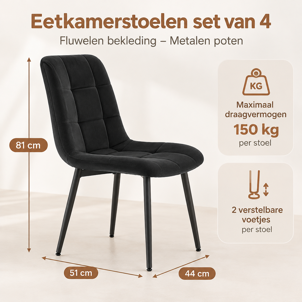 Afmetingen en productspecificaties van eetkamerstoelen set van 4