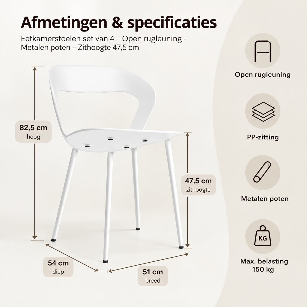 Afmetingen en productspecificaties van eetkamerstoelen set van 4
