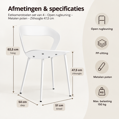Afmetingen en productspecificaties van eetkamerstoelen set van 4