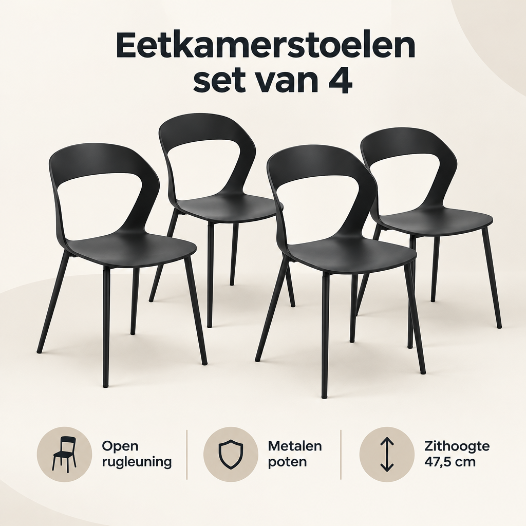 Overzicht van eetkamerstoelen set van 4 met de belangrijkste productvoordelen