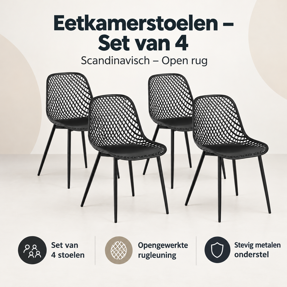 Overzicht van eetkamerstoelen set van 4 met de belangrijkste productvoordelen