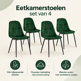 Set van 4 eetkamerstoelen van fluweel met metalen poten, verkrijgbaar in donkergroen of donkergrijs, door BukkitBow.
