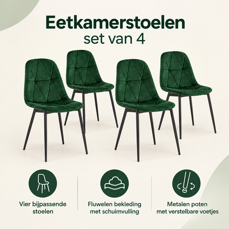 Set van 4 eetkamerstoelen van fluweel met metalen poten, verkrijgbaar in donkergroen of donkergrijs, door BukkitBow.