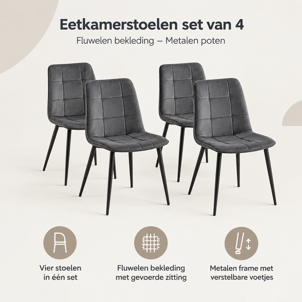 Overzicht van eetkamerstoelen set van 4 met de belangrijkste productvoordelen