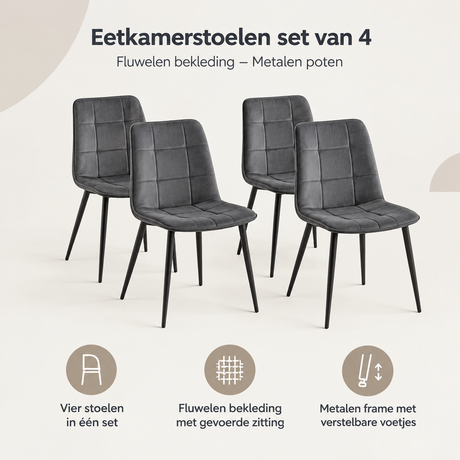 Overzicht van eetkamerstoelen set van 4 met de belangrijkste productvoordelen