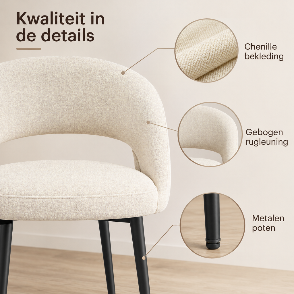 Detail van materiaal en afwerking van eetkamerstoelen set van 6