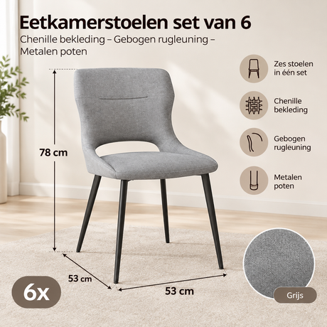 Afmetingen en productspecificaties van eetkamerstoelen set van 6