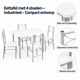 Industriele eettafel met 4 stoelen van BukkitBow, compact ontwerp en duurzaam materiaal, perfect voor moderne eetkamers.