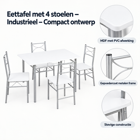 Industriele eettafel met 4 stoelen van BukkitBow, compact ontwerp en duurzaam materiaal, perfect voor moderne eetkamers.