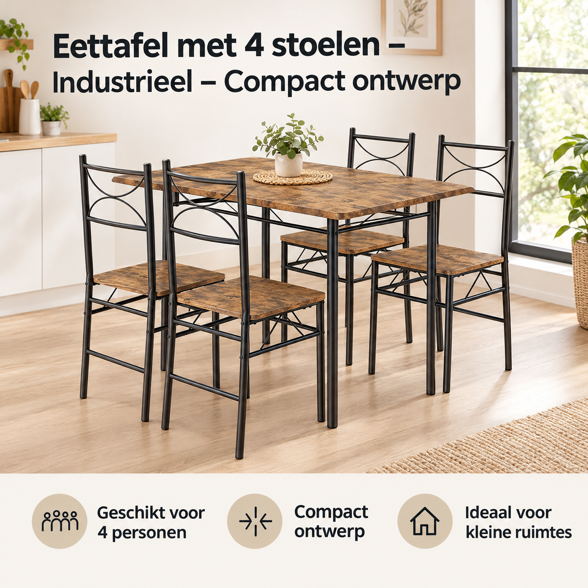 Industriele eettafel met 4 bijpassende stoelen in compact ontwerp, van BukkitBow, geschikt voor gezellige eetkamers.