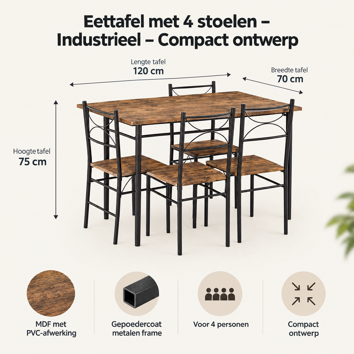 Industriele eettafel met 4 stoelen van BukkitBow, compact ontwerp en moderne uitstraling, geschikt voor eetkamerruimtes.
