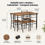 Industriele eettafel met 4 stoelen van BukkitBow, compact ontwerp en moderne uitstraling, geschikt voor eetkamerruimtes.
