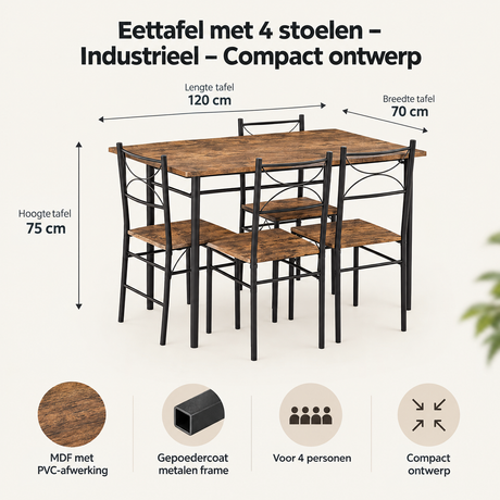 Industriele eettafel met 4 stoelen van BukkitBow, compact ontwerp en moderne uitstraling, geschikt voor eetkamerruimtes.