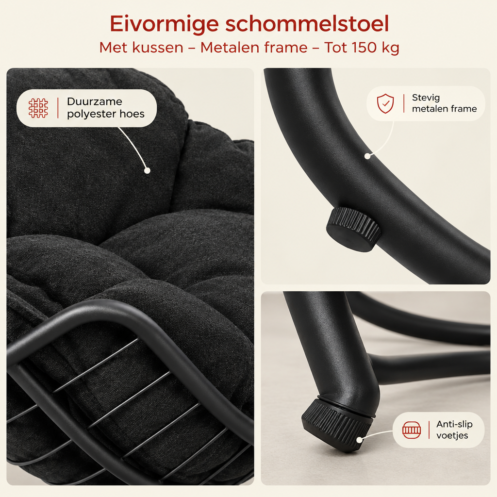 Detail van materiaal en afwerking van eivormige schommelstoel