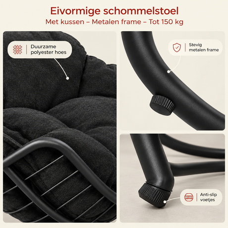 Detail van materiaal en afwerking van eivormige schommelstoel