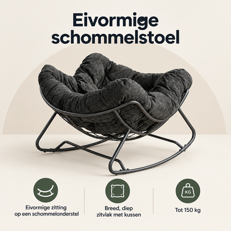 Overzicht van eivormige schommelstoel met de belangrijkste productvoordelen
