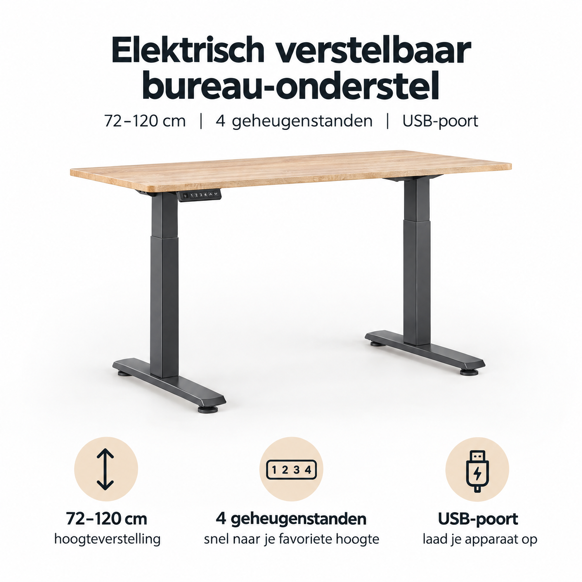 Elektrisch verstelbaar bureau-onderstel van BukkitBow, 72-120 cm, 4 geheugenstanden en USB-poort, zichtbaar in het ontwerp.