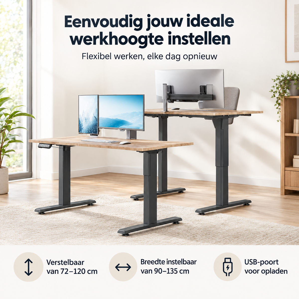 Elektrisch verstelbaar bureau-onderstel van BukkitBow, 72-120 cm met 4 geheugenstanden en USB-poort, geschikt voor werkplekken.