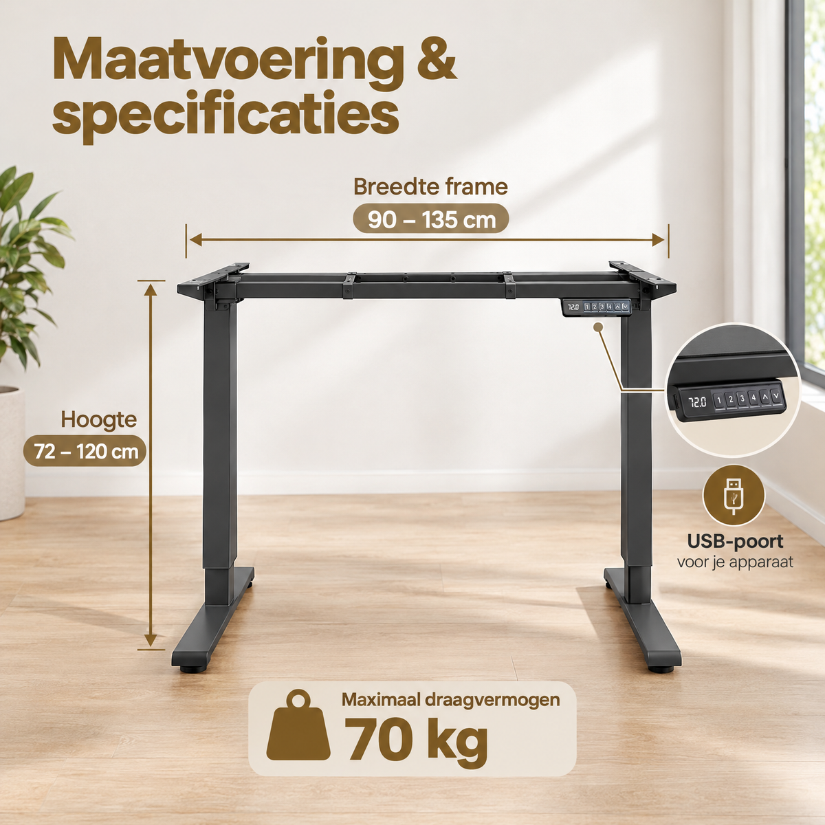 Elektrisch verstelbaar bureau-onderstel van BukkitBow, 72-120 cm, met 4 geheugenstanden en USB-poort, zichtbaar in de afbeelding.