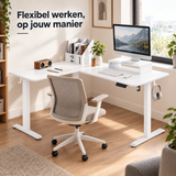 elektrisch zit-sta hoekbureau in gebruik in een passende praktijksituatie
