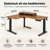Afmetingen en productspecificaties van elektrisch zit-sta hoekbureau