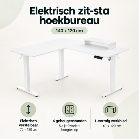Overzicht van elektrisch zit-sta hoekbureau met de belangrijkste productvoordelen