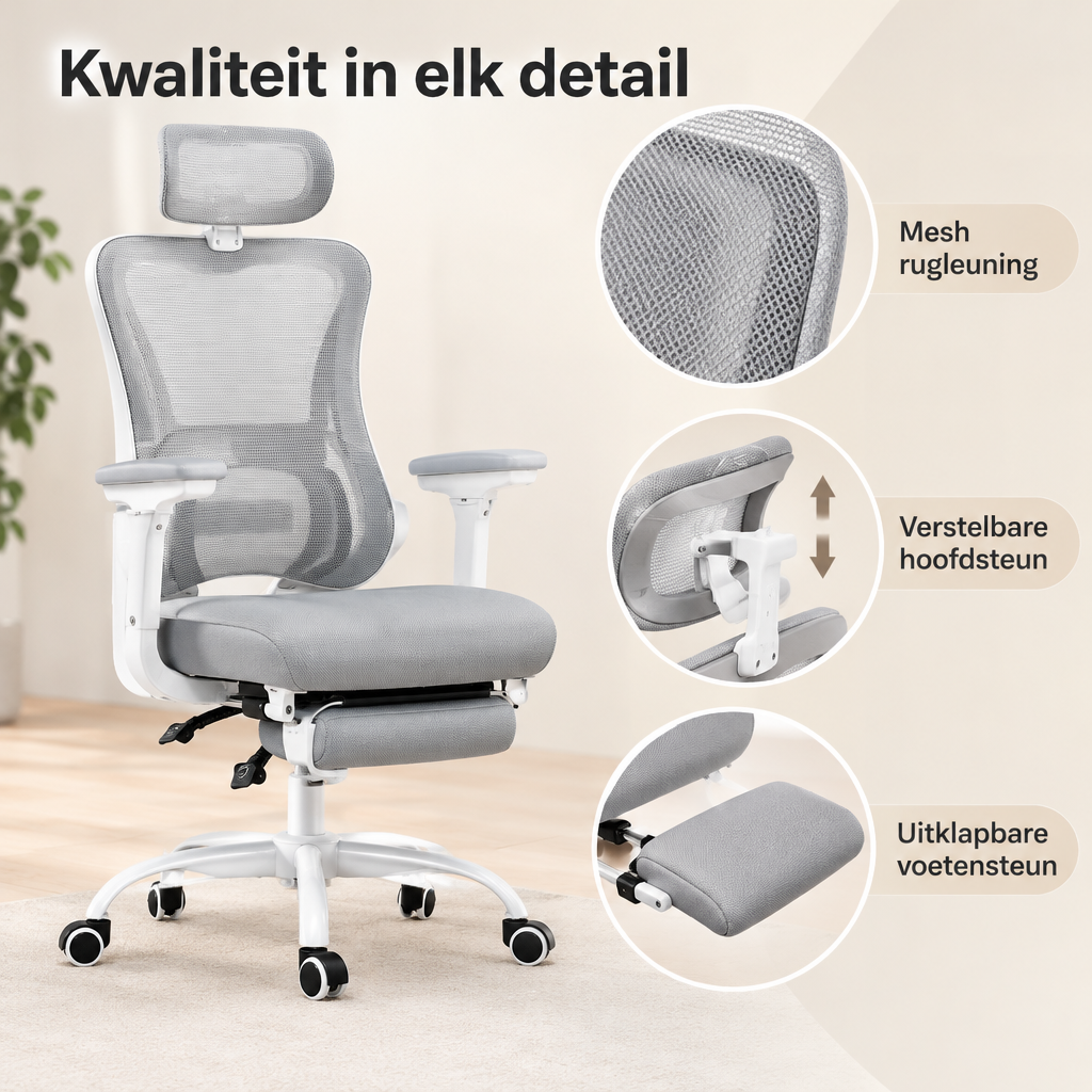 Detail van materiaal en afwerking van ergonomische bureaustoel