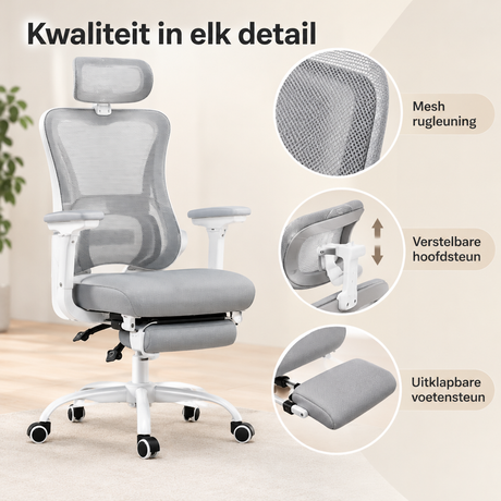 Detail van materiaal en afwerking van ergonomische bureaustoel
