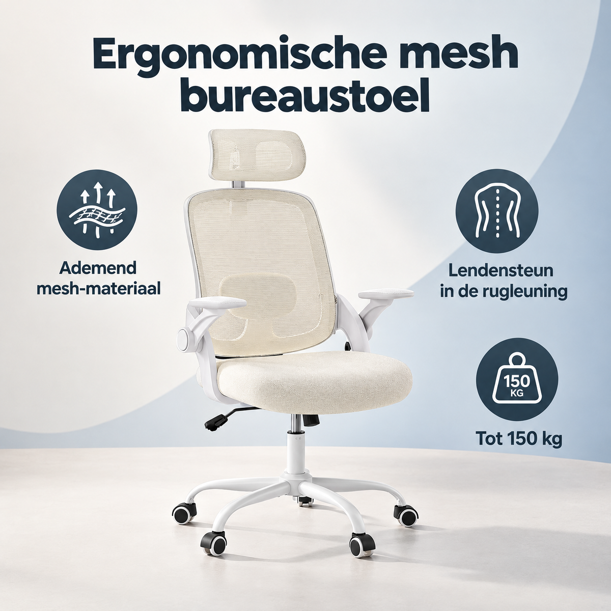 Overzicht van ergonomische mesh bureaustoel met de belangrijkste productvoordelen