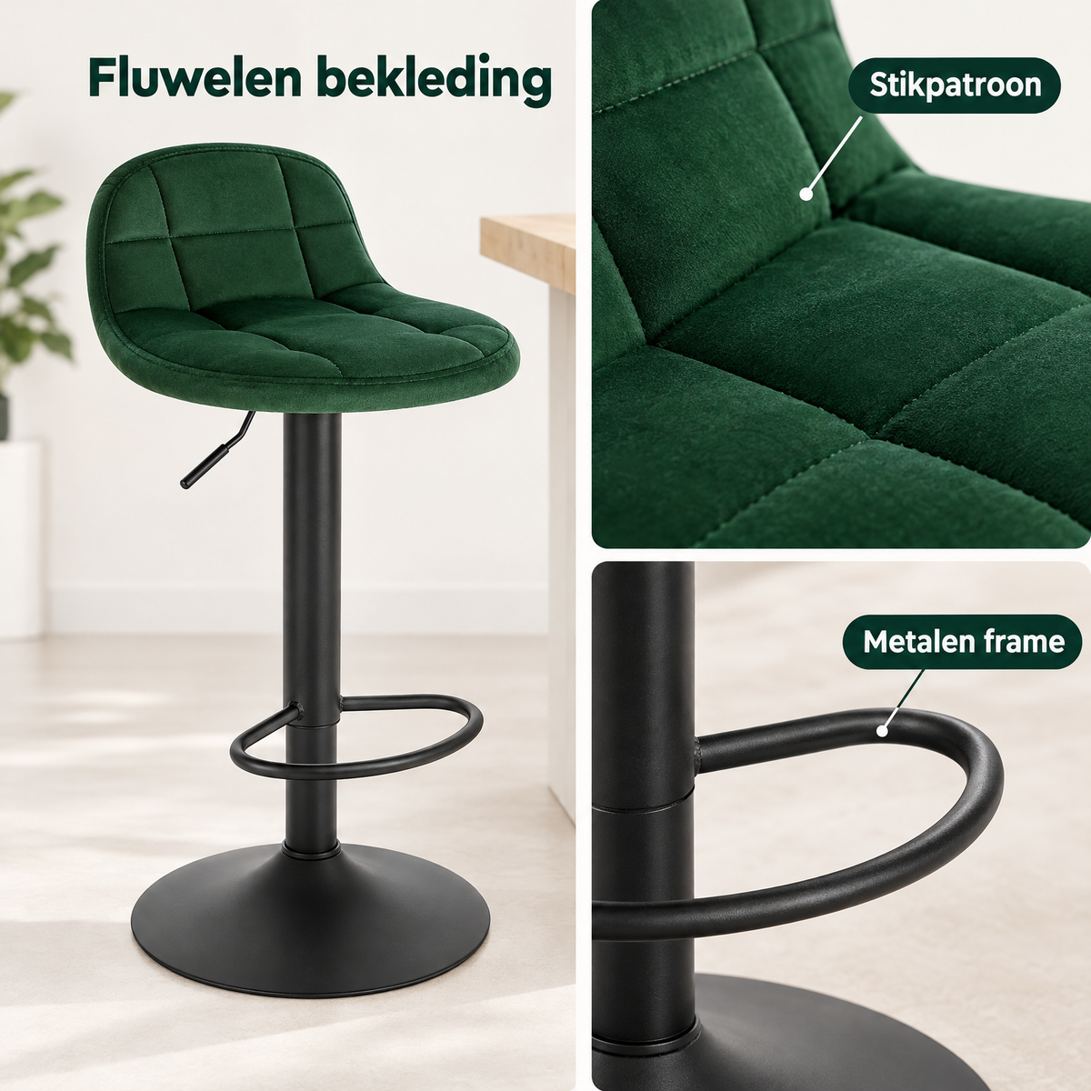 Detail van materiaal en afwerking van fluwelen barkruk