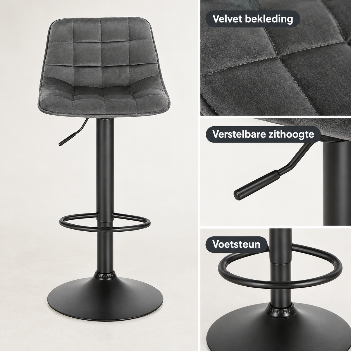 Detail van materiaal en afwerking van fluwelen barkruk