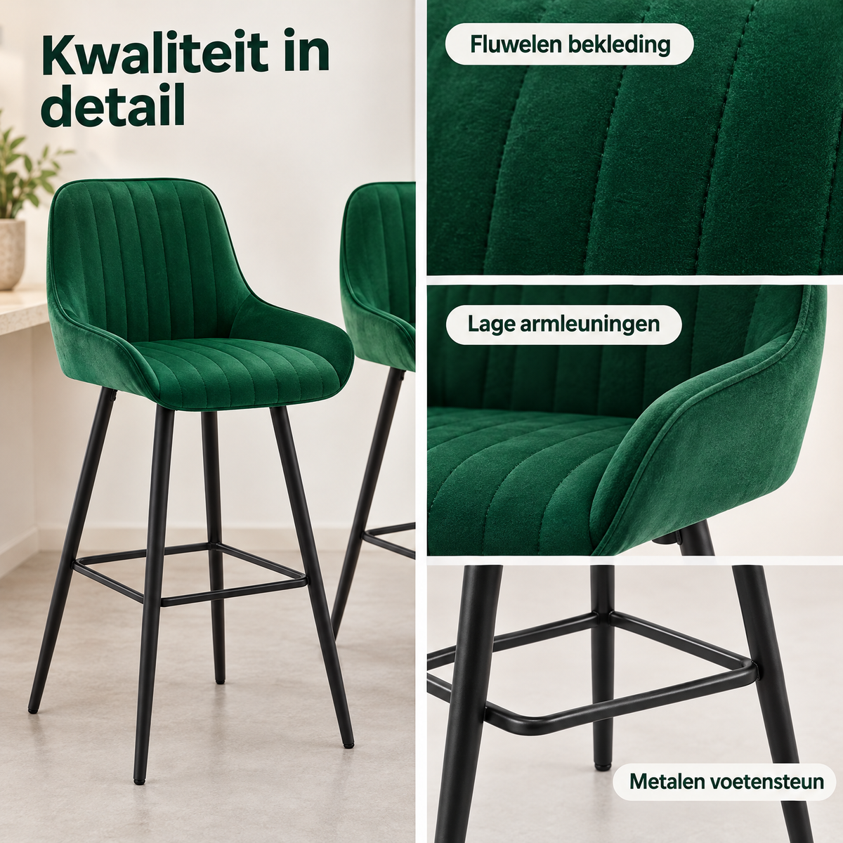 Detail van materiaal en afwerking van fluwelen barkrukken set van 2