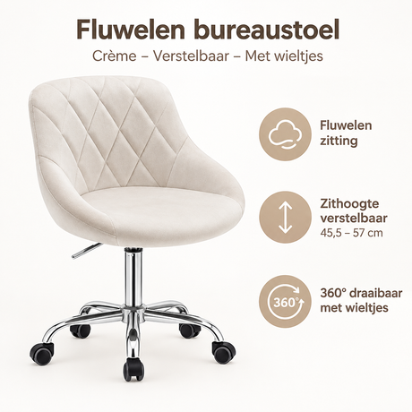 Crème fluwelen bureaustoel van BukkitBow met verstelbare functies en wieltjes, comfortabel en stijlvol voor kantoorgebruik
