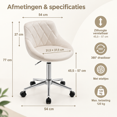 Crème fluwelen bureaustoel van BukkitBow met verstelbare functies en wieltjes, geschikt voor comfortabel werken.