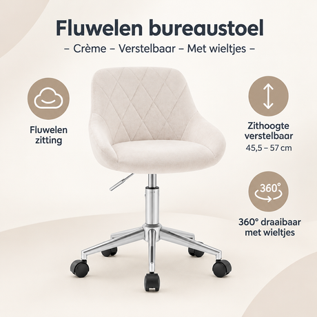 Crème fluwelen bureaustoel van BukkitBow met verstelbare functies en wieltjes, geschikt voor comfortabel werken.